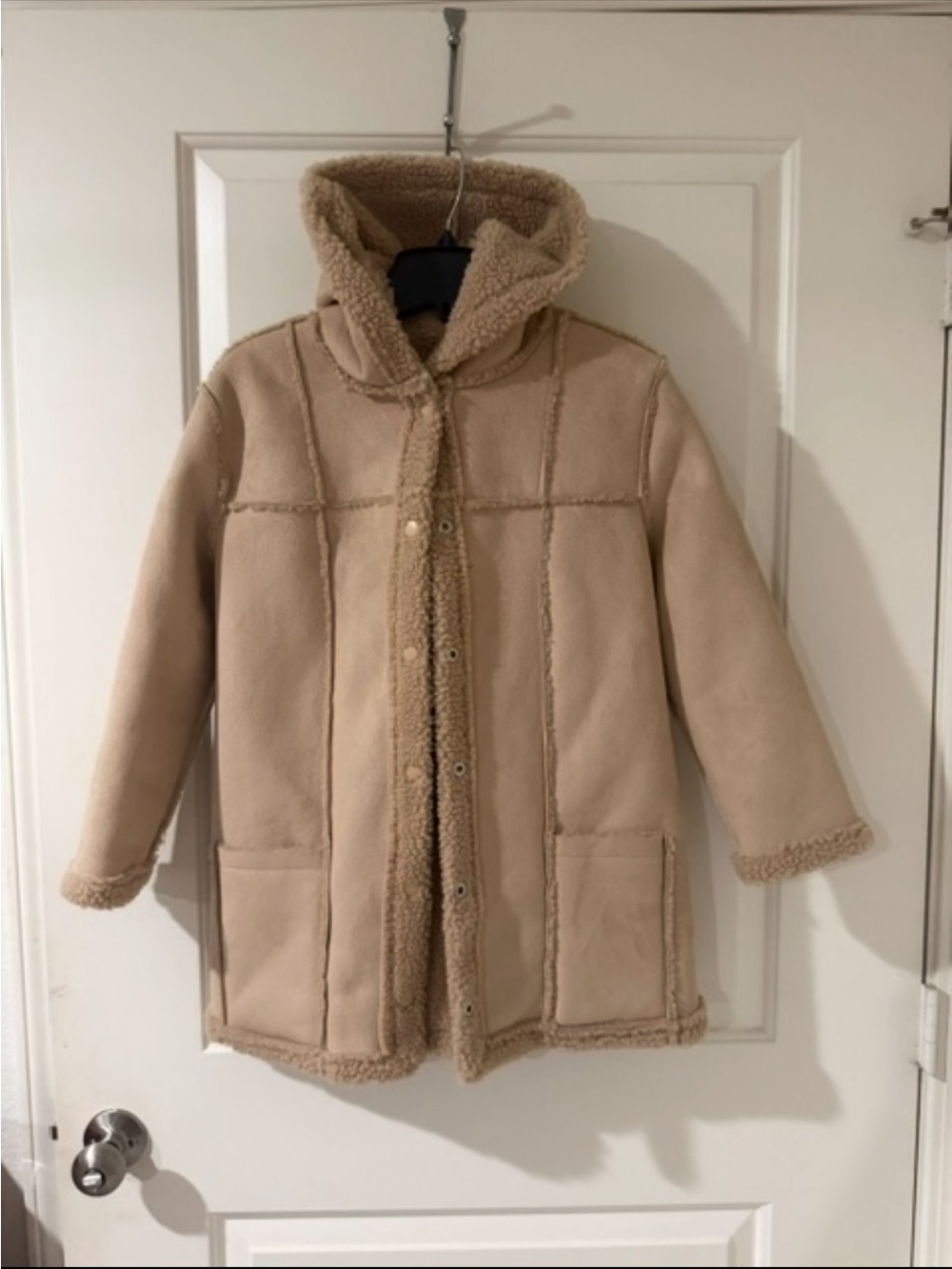 Copper Key Hooded Teddy Shearling Jacket in Beige